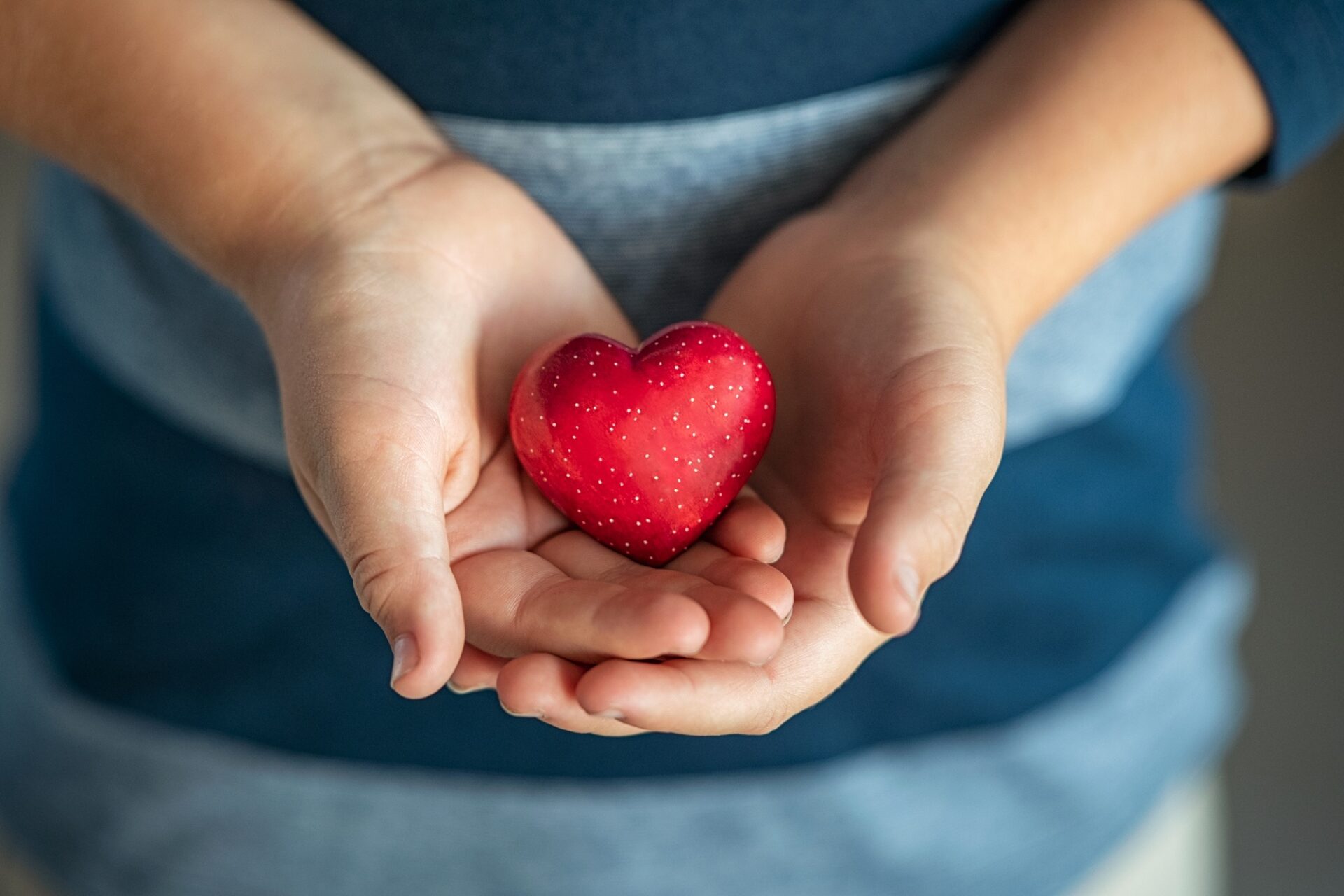 Child holding red heart in his little hands